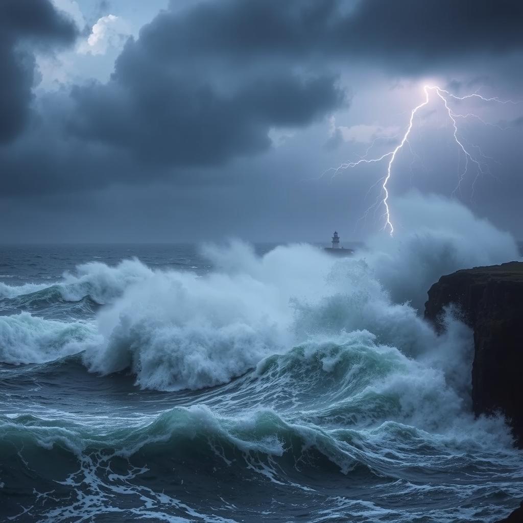 A captivating image of a stormy sea, showcasing massive, churning waves that rise high and crash violently against the dark cliffs