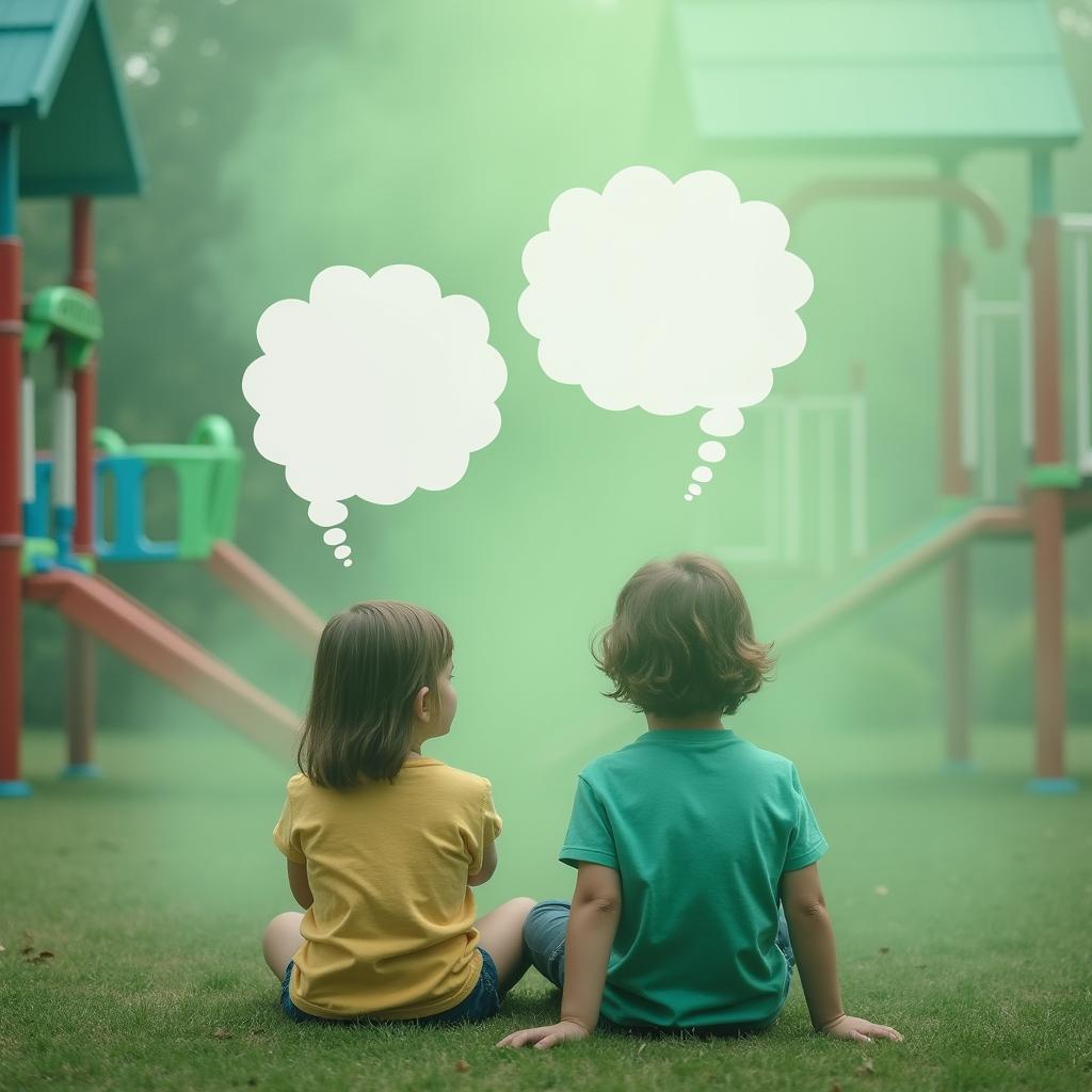 Two children sitting in a playground, surrounded by an ethereal green fog that creates a whimsical and dreamy atmosphere