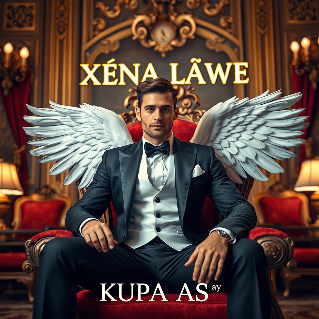 A handsome man in a winged suit, sitting on a royal throne in a beautifully decorated room
