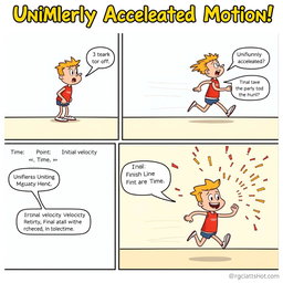 A comic strip illustrating uniformly accelerated motion in a fun and engaging way