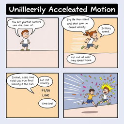 A comic strip illustrating uniformly accelerated motion in a fun and engaging way