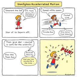 A comic strip illustrating uniformly accelerated motion in a fun and engaging way