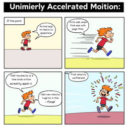 A comic strip illustrating uniformly accelerated motion in a fun and engaging way