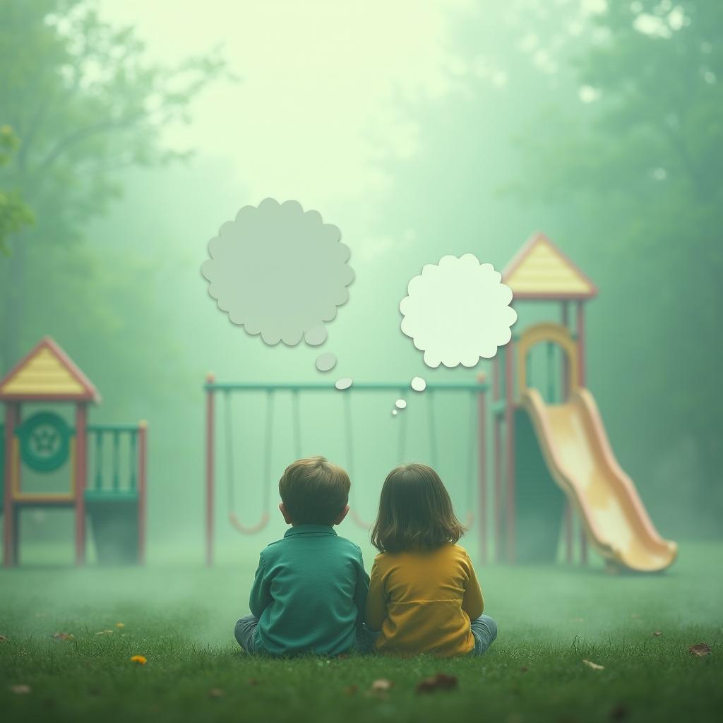 Two children sitting in a playground enveloped in a soft, green fog that creates a whimsical and dreamlike atmosphere