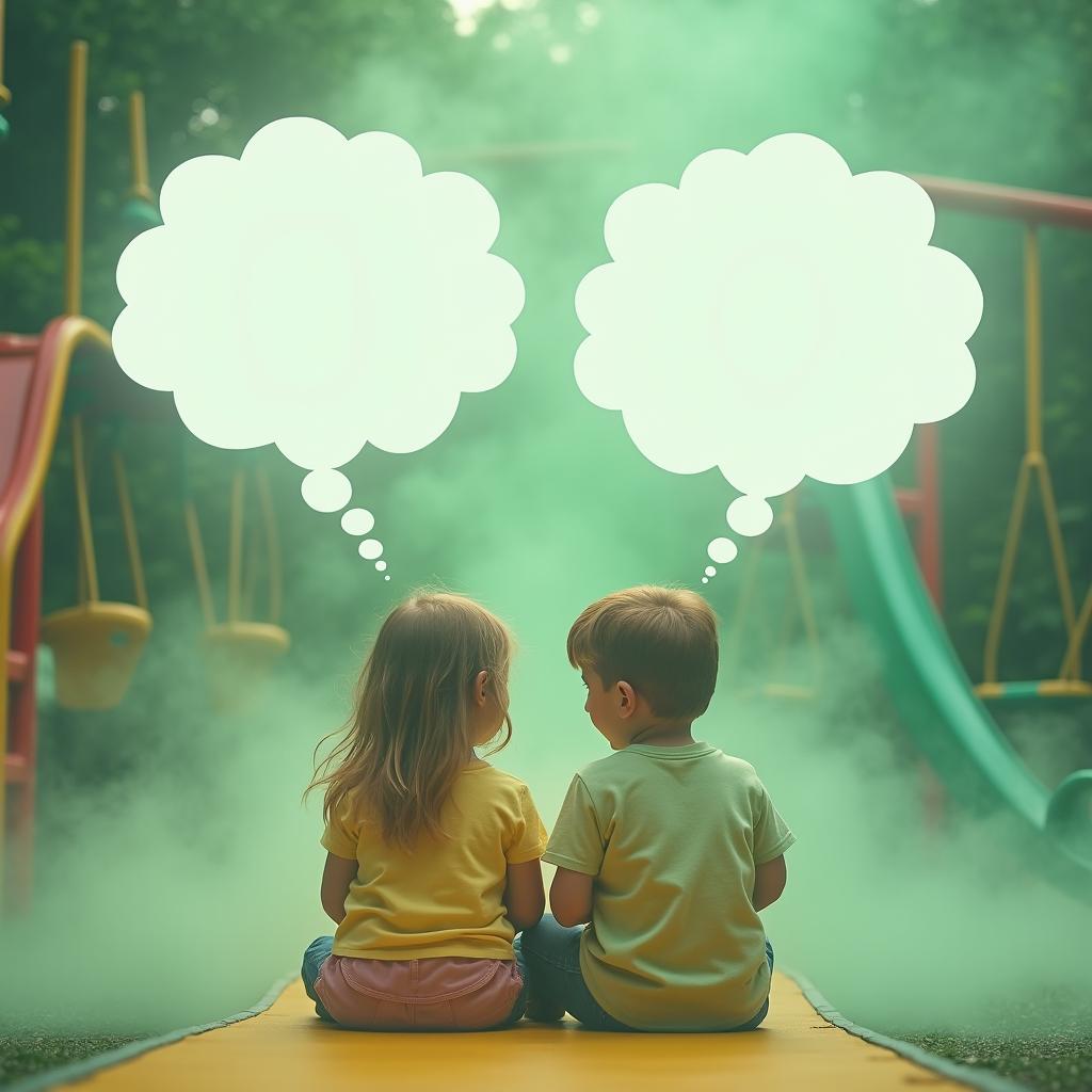Two children sitting on a bright, colorful playground, surrounded by a mystical green fog that creates a whimsical atmosphere