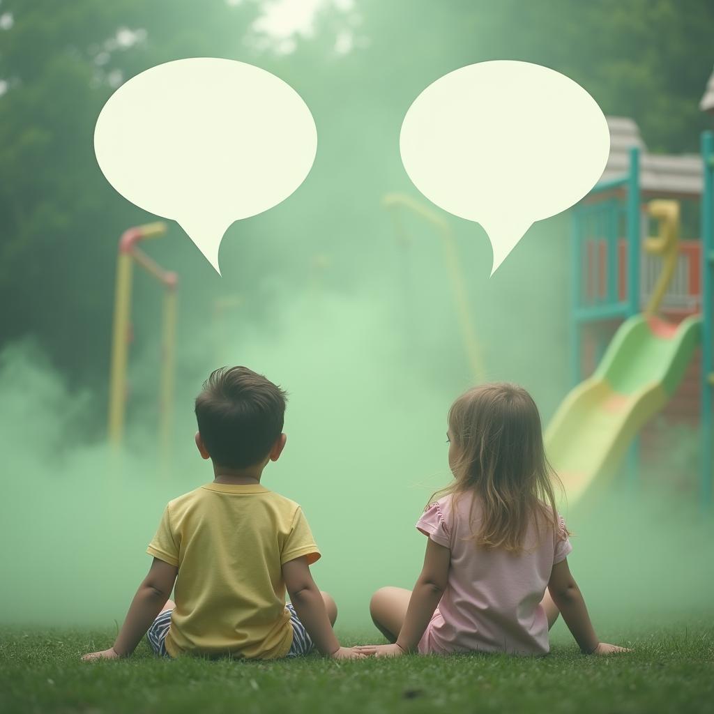 Two children sitting in a playground, surrounded by a soft green fog that creates a whimsical and enchanting atmosphere