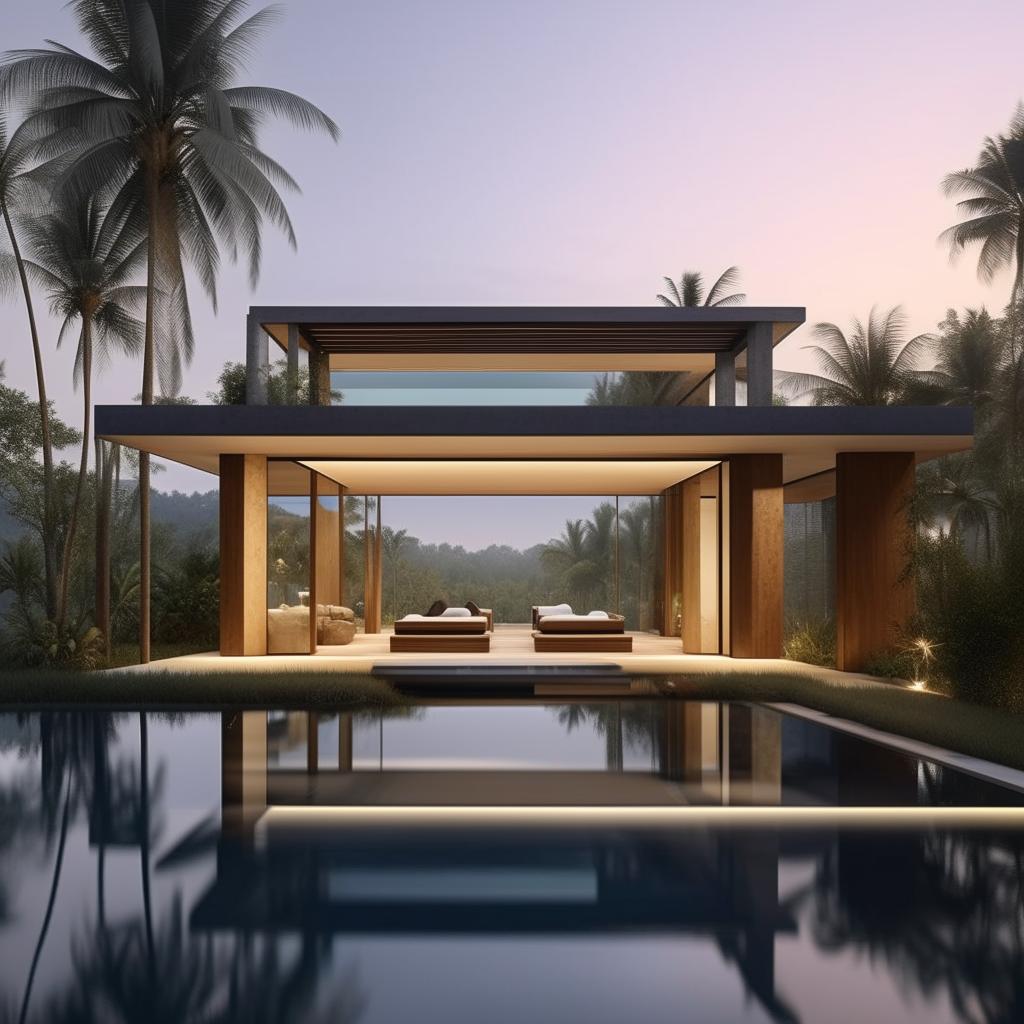 Design a two-story modern minimalist villa on a 100 square meter plot near Panai. Features include an infinity pool, a rooftop open-space relaxation area, a living room for socializing, a car port on the first floor, and a bathroom on each floor with two bedrooms.