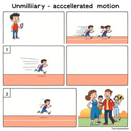 A six-frame comic strip illustrating uniformly accelerated motion