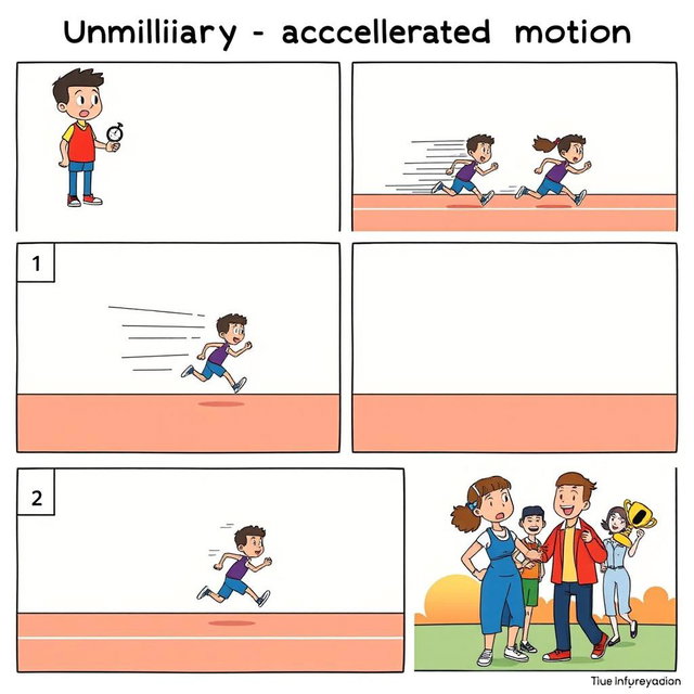 A six-frame comic strip illustrating uniformly accelerated motion