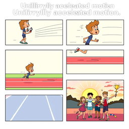 A six-frame comic strip illustrating uniformly accelerated motion