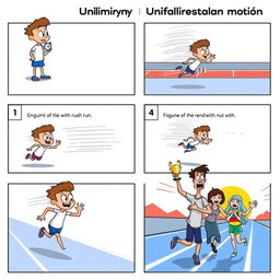 A six-frame comic strip illustrating uniformly accelerated motion