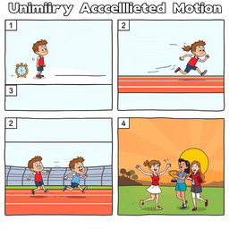 A six-frame comic strip illustrating uniformly accelerated motion