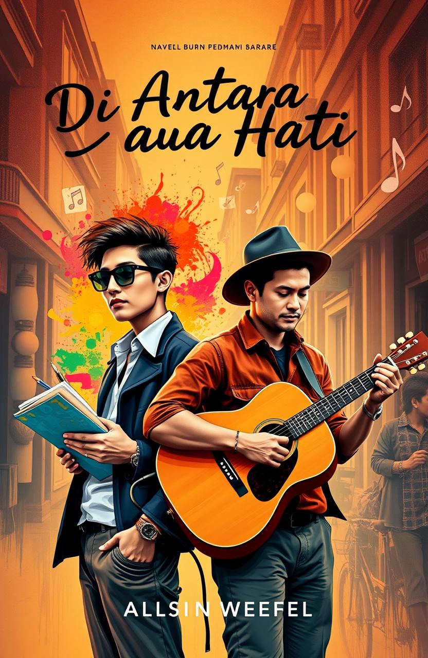 A novel cover for a book titled 'Di Antara Dua Hati' featuring two people, one a graphic designer and the other a street musician
