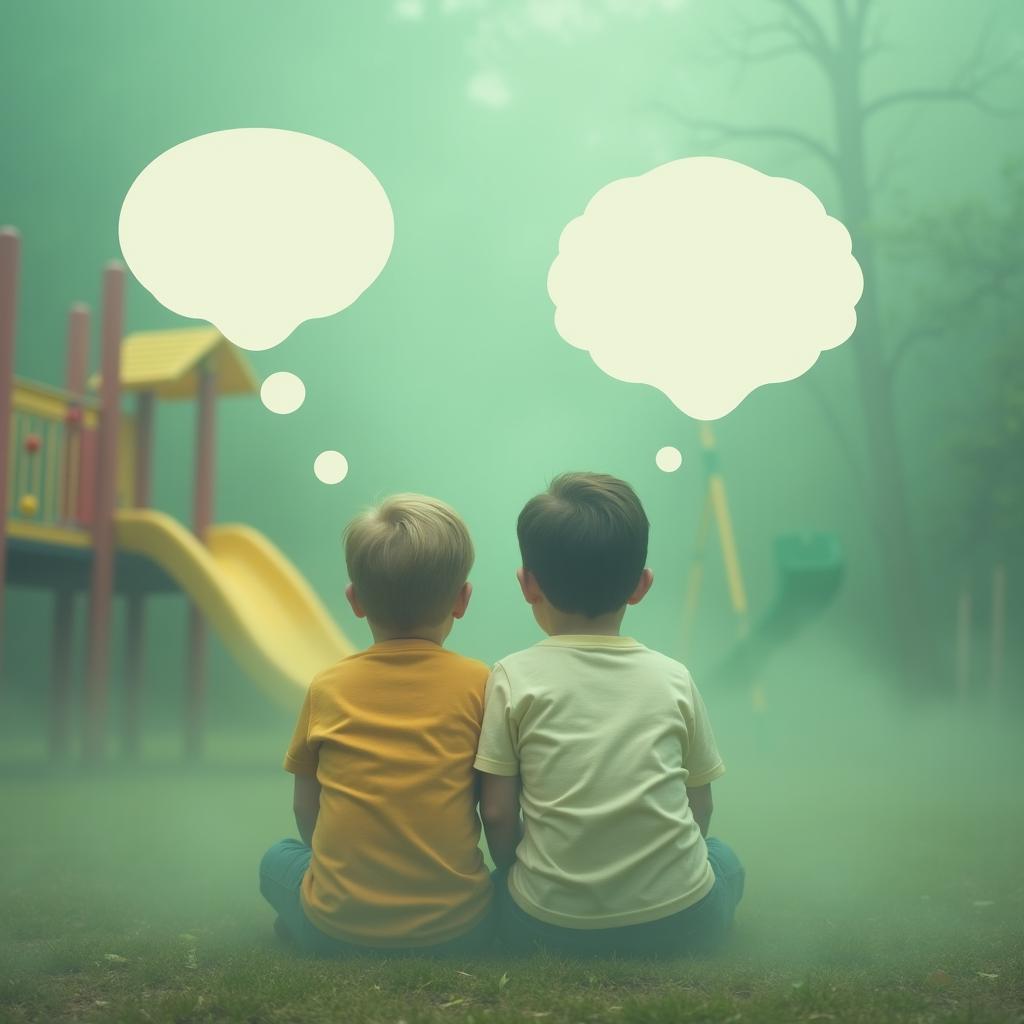 Two children sitting in a playground, enveloped in a soft, green fog that creates a whimsical and magical atmosphere