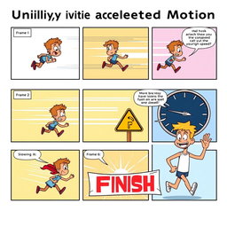A colorful comic strip illustrating uniformly accelerated motion through six frames