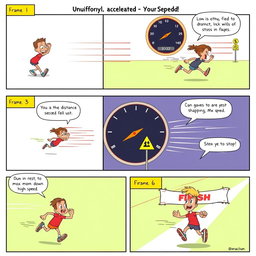 A colorful comic strip illustrating uniformly accelerated motion through six frames