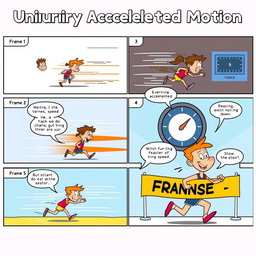 A colorful comic strip illustrating uniformly accelerated motion through six frames