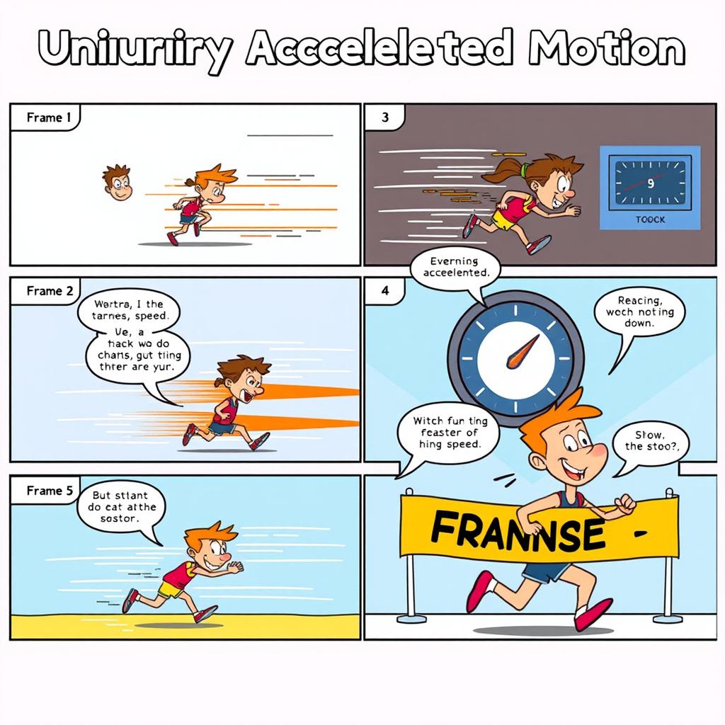 A colorful comic strip illustrating uniformly accelerated motion through six frames