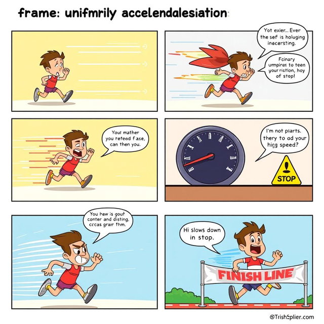 A colorful comic strip illustrating uniformly accelerated motion through six frames