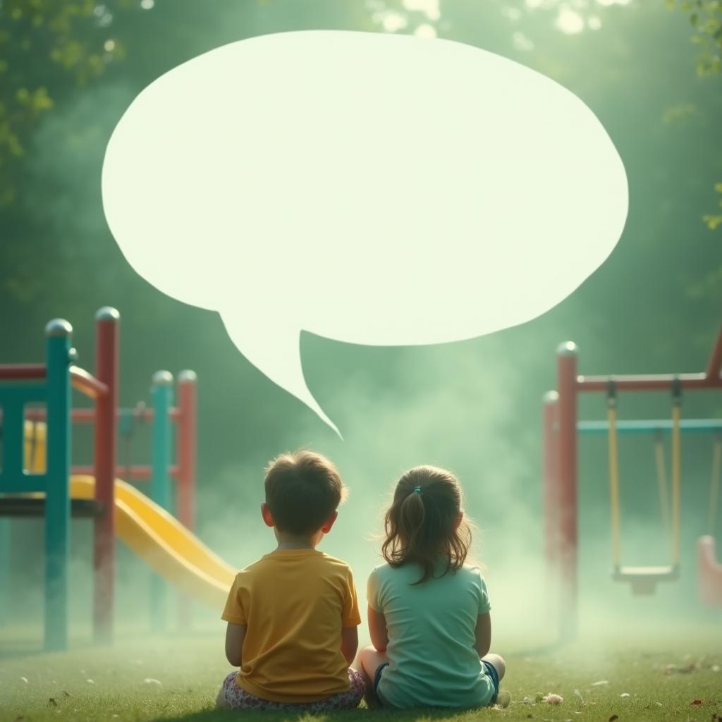 Two children sitting in a playground, surrounded by a soft, green fog that creates a magical and serene atmosphere