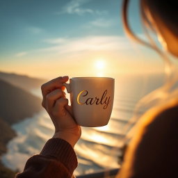 A realistic image depicting a woman's hand gracefully holding a steaming cup of coffee by its handle, with the name 'Carly' elegantly written in golden letters on the cup
