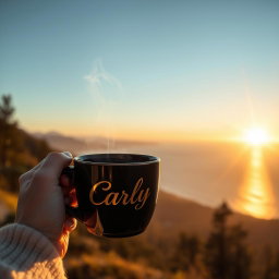 A realistic image depicting a woman's hand gracefully holding a steaming cup of coffee by its handle, with the name 'Carly' elegantly written in golden letters on the cup