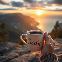 A realistic image depicting a woman's hand gracefully holding a steaming cup of coffee by its handle, with the name 'Carly' elegantly written in golden letters on the cup