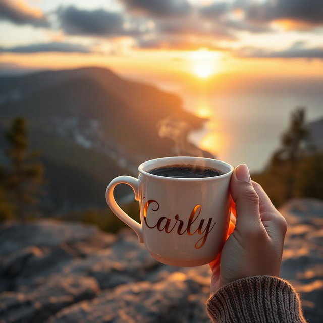 A realistic image depicting a woman's hand gracefully holding a steaming cup of coffee by its handle, with the name 'Carly' elegantly written in golden letters on the cup