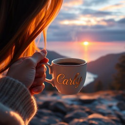 A realistic image depicting a woman's hand gracefully holding a steaming cup of coffee by its handle, with the name 'Carly' elegantly written in golden letters on the cup