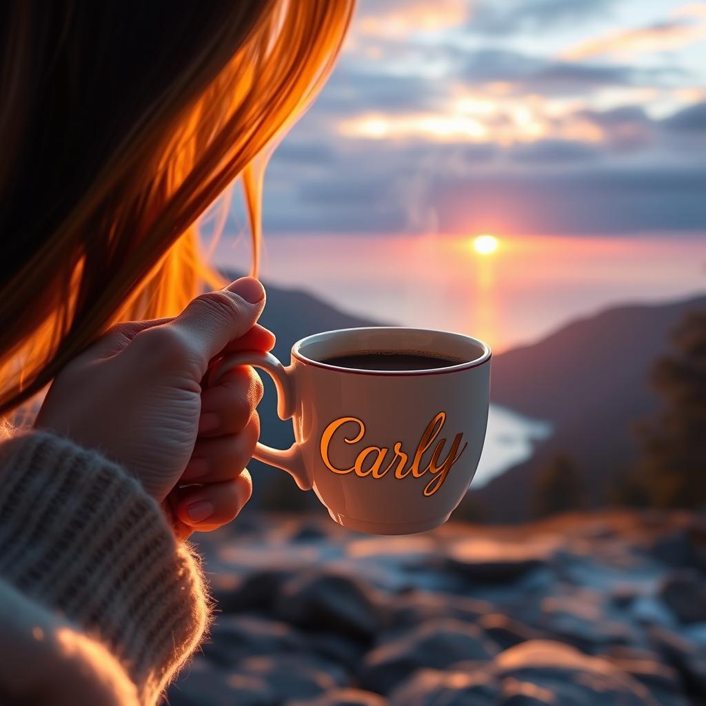A realistic image depicting a woman's hand gracefully holding a steaming cup of coffee by its handle, with the name 'Carly' elegantly written in golden letters on the cup