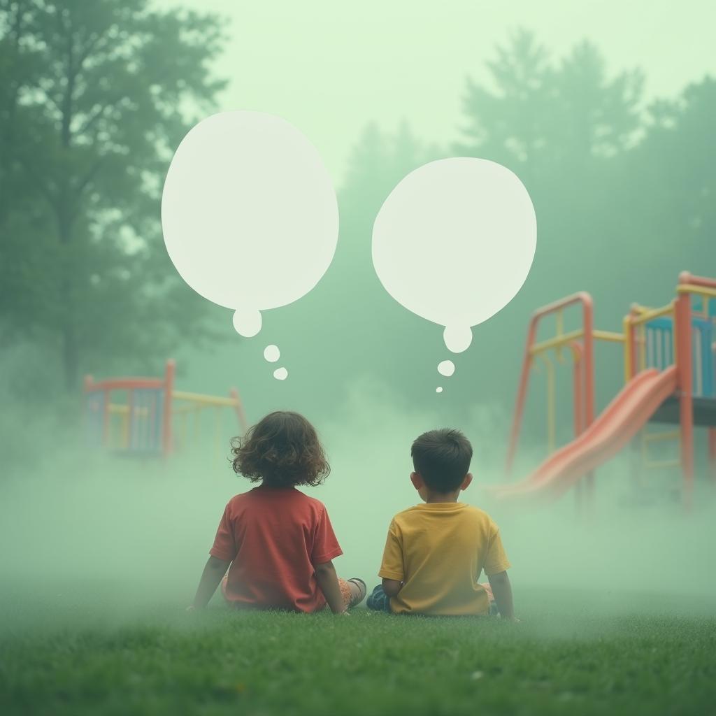 Two children sitting in a playground, surrounded by soft, green fog that creates a dreamy and whimsical atmosphere