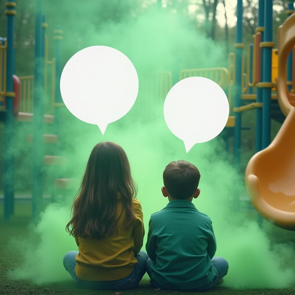 Two children sitting in a playground, surrounded by a captivating green fog that creates a mystical atmosphere
