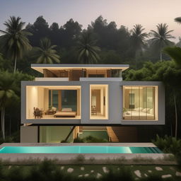 Design a two-story modern minimalist villa on a 100 square meter plot near Panai. Features include an infinity pool, a rooftop open-space relaxation area, a living room for socializing, a car port on the first floor, and a bathroom on each floor with two bedrooms.