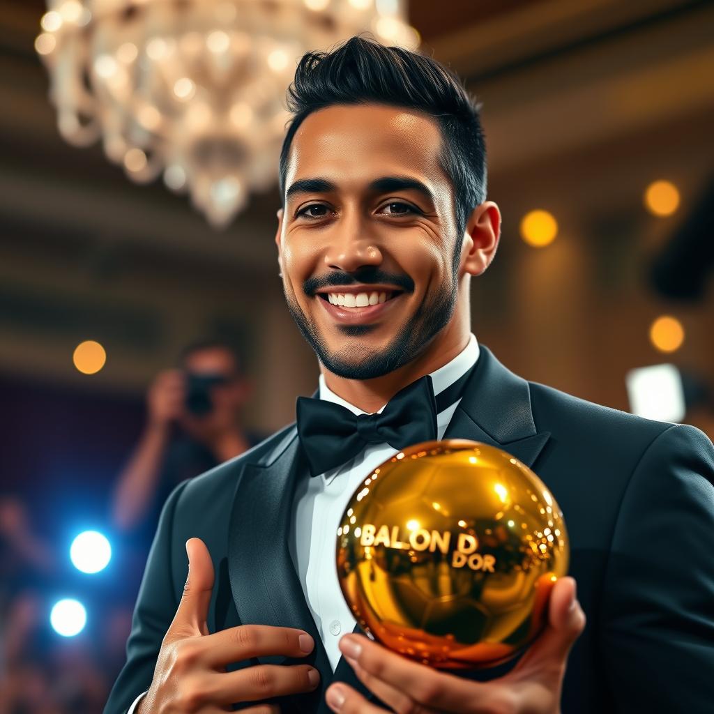 A close-up portrait of a confident male soccer player, Adriano, holding the prestigious Ballon d'Or trophy with a bright smile on his face