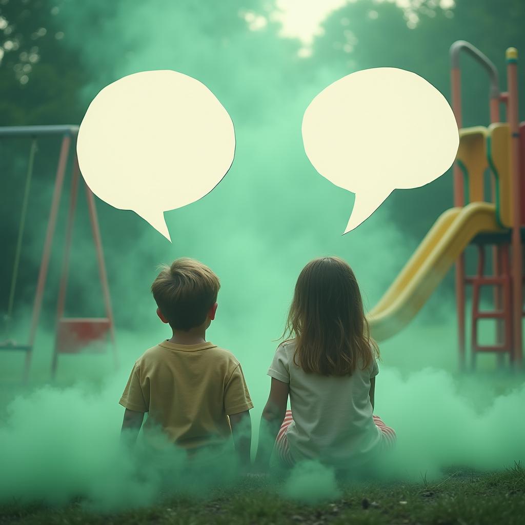 Two children sitting in a playground, surrounded by a mysterious green fog that creates an enchanting and whimsical atmosphere
