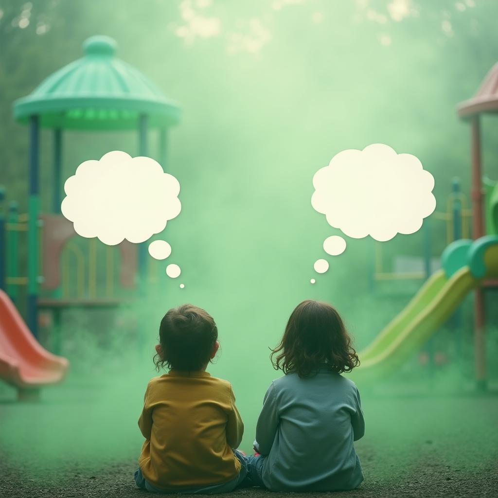 Two children sitting in a playground, surrounded by a swirling green fog that creates an enchanting and whimsical atmosphere