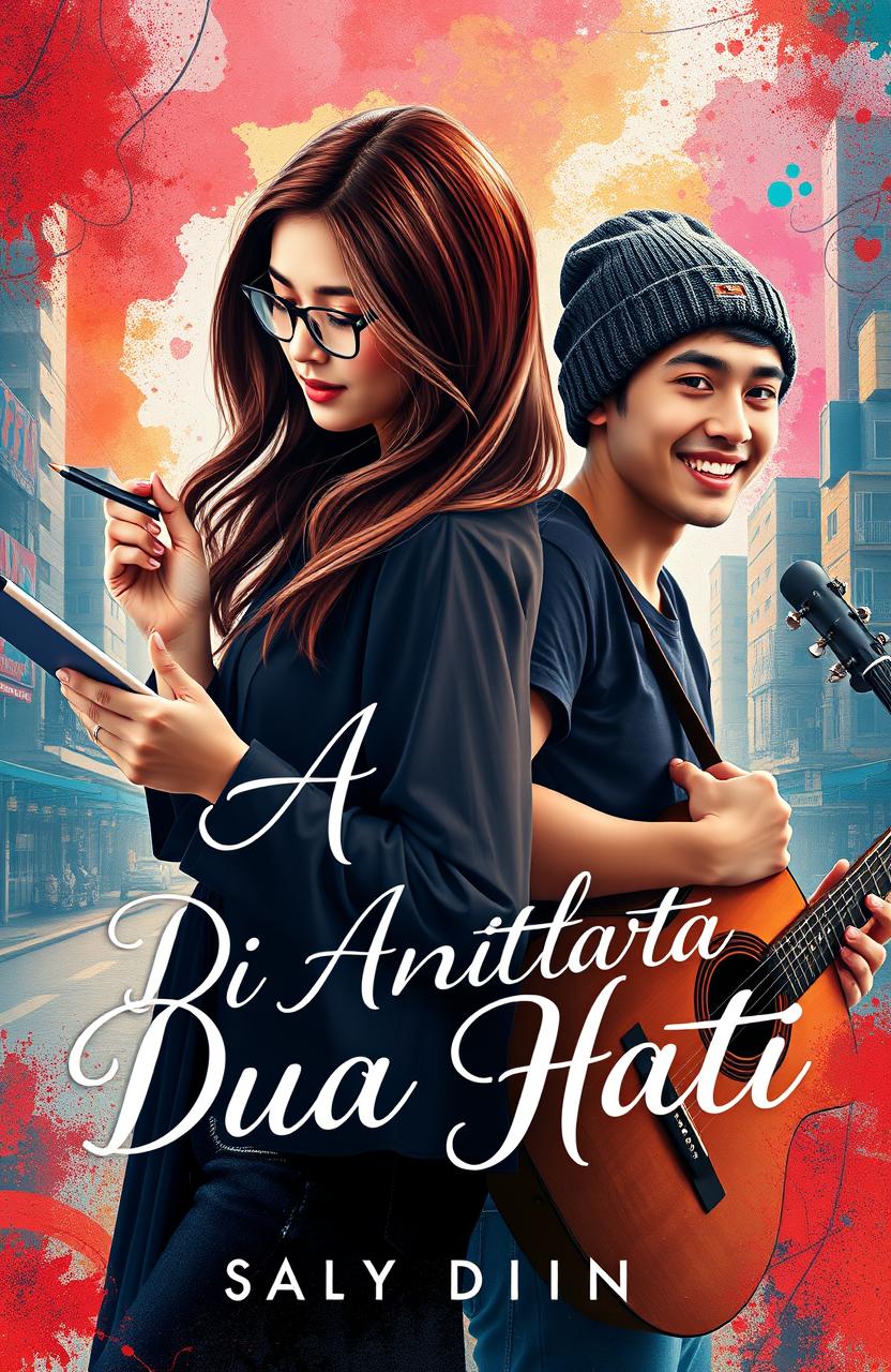 A captivating novel cover for a title 'Di Antara Dua Hati'