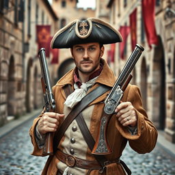 A medieval musketeer man dressed in traditional 17th-century attire featuring a stylish, embellished coat and a tricorn hat