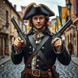 A medieval musketeer man dressed in traditional 17th-century attire featuring a stylish, embellished coat and a tricorn hat