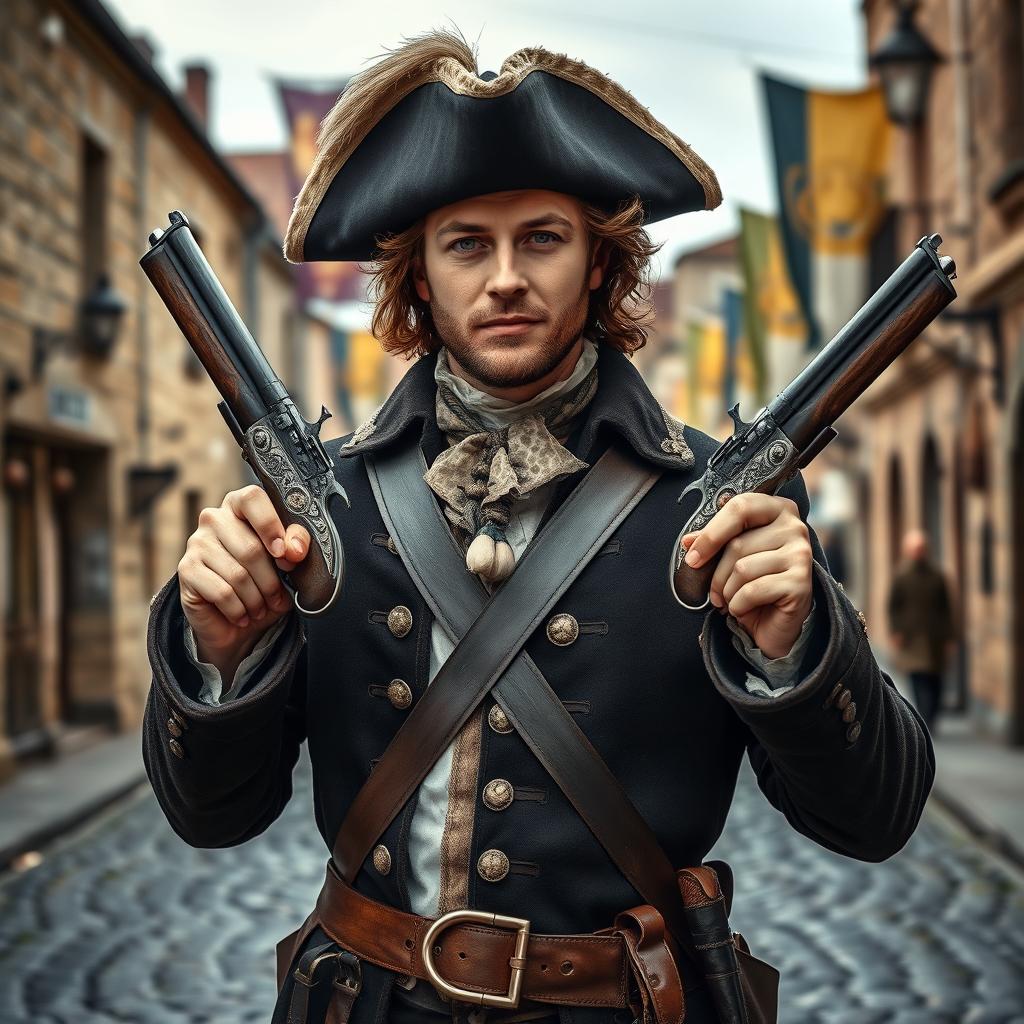 A medieval musketeer man dressed in traditional 17th-century attire featuring a stylish, embellished coat and a tricorn hat