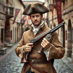 A medieval musketeer man dressed in traditional 17th-century attire featuring a stylish, embellished coat and a tricorn hat