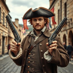 A medieval musketeer man dressed in traditional 17th-century attire featuring a stylish, embellished coat and a tricorn hat