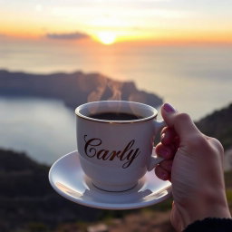 A realistic image of a woman's hand holding a steaming cup of coffee by its handle, without a saucer