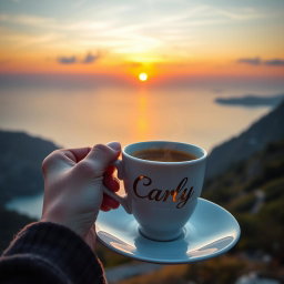 A realistic image of a woman's hand holding a steaming cup of coffee by its handle, without a saucer