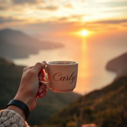 A realistic image of a woman's hand holding a steaming cup of coffee by its handle, without a saucer