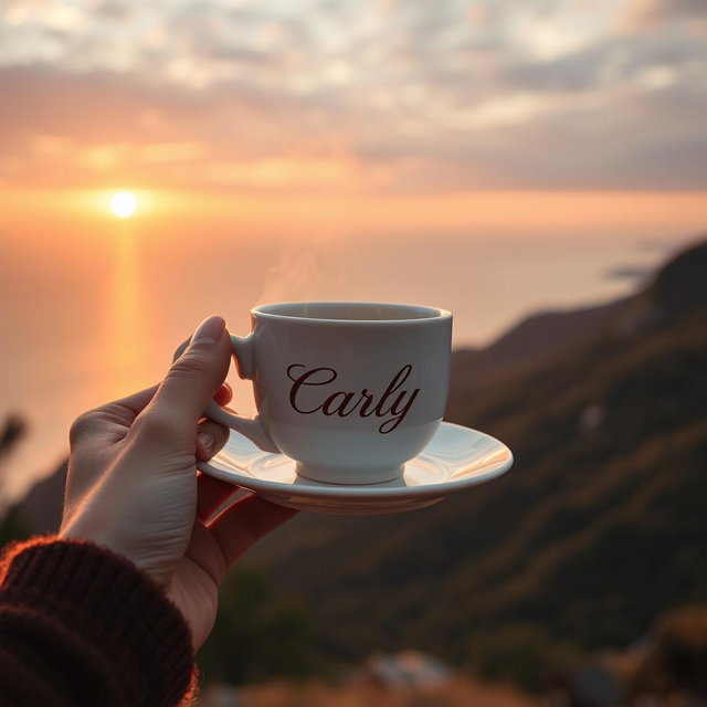A realistic image of a woman's hand holding a steaming cup of coffee by its handle, without a saucer
