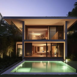 Design a two-story modern minimalist villa on a 100 square meter plot near Panai. Features include an infinity pool, a rooftop open-space relaxation area, a living room for socializing, a car port on the first floor, and a bathroom on each floor with two bedrooms.