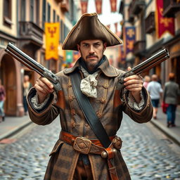 A medieval musketeer man dressed in detailed 17th-century clothing, featuring a lavishly decorated coat and a classic tricorn hat