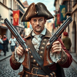 A medieval musketeer man dressed in detailed 17th-century clothing, featuring a lavishly decorated coat and a classic tricorn hat