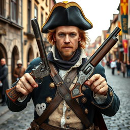 A medieval musketeer man dressed in detailed 17th-century clothing, featuring a lavishly decorated coat and a classic tricorn hat
